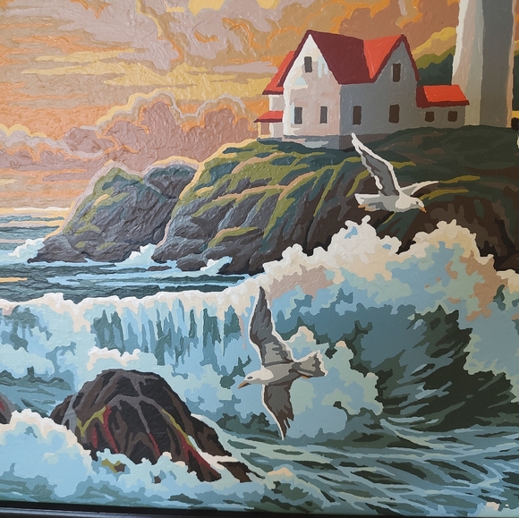 Vintage Paint By Number Framed Seascape Lighthouse Ocean View Painting - Picture 5 of 11